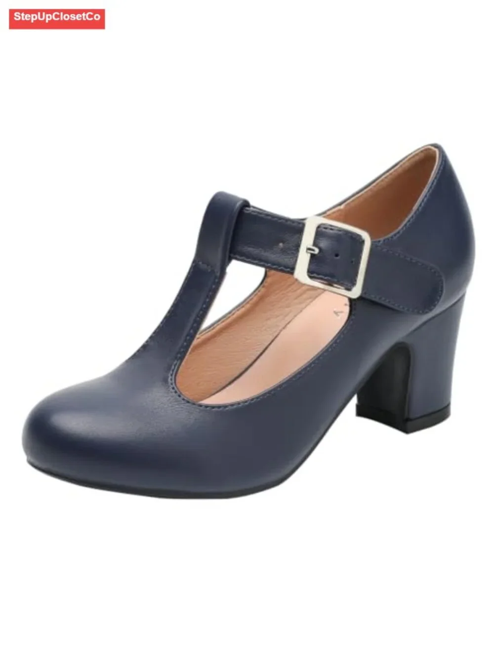 Women's T-Strap Mary Jane Pumps Block Heels Closed Round Toe Ankle Strap Dress